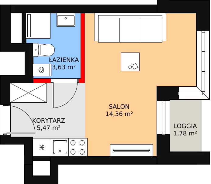 1 pokój, apartament inwestycyjny 24,11 m², piętro 1, oferta nr c.1.1.08, ATAL SKY+ Apartamenty Inwestycyjne, Katowice, Wełnowiec-Józefowiec, Wełnowiec, al. Wojciecha Korfantego 85