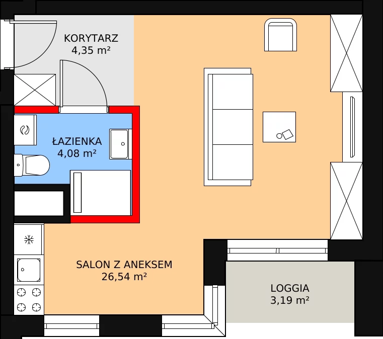 1 pokój, apartament inwestycyjny 25,34 m², piętro 1, oferta nr c.2.1.05, ATAL SKY+ Apartamenty Inwestycyjne, Katowice, Wełnowiec-Józefowiec, Wełnowiec, al. Wojciecha Korfantego 85