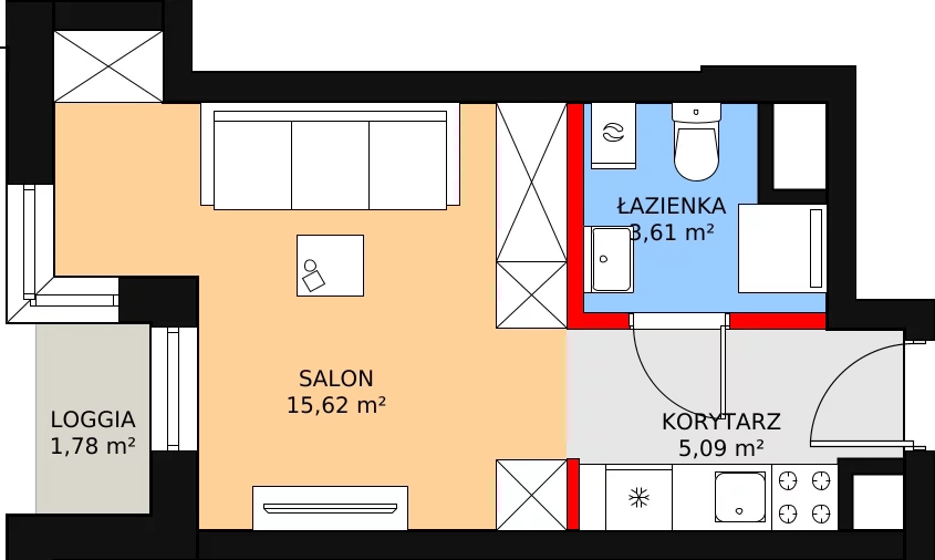 Apartament inwestycyjny 25,07 m², piętro 1, oferta nr c.2.1.07, ATAL SKY+ Apartamenty Inwestycyjne, Katowice, Wełnowiec-Józefowiec, Wełnowiec, al. Wojciecha Korfantego 85