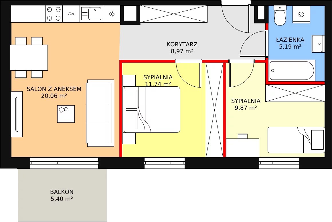 Mieszkanie 55,83 m², piętro 1, oferta nr A.02.1.07, Warszawska 58A, Warszawa, Ursus, Niedźwiadek, ul. Warszawska 58a