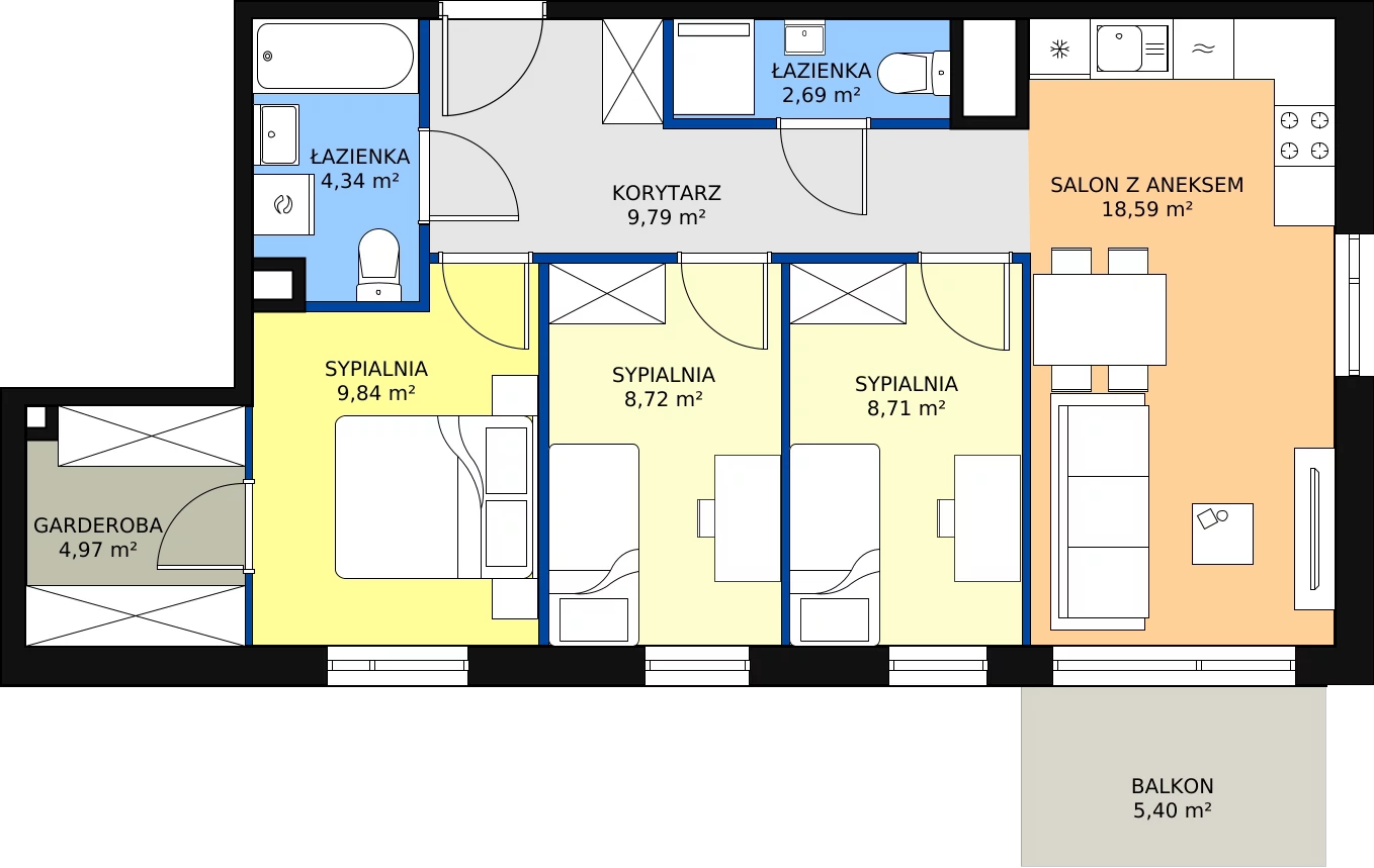 4 pokoje, mieszkanie 67,65 m², piętro 1, oferta nr A.02.1.12, Warszawska 58A, Warszawa, Ursus, Niedźwiadek, ul. Warszawska 58a