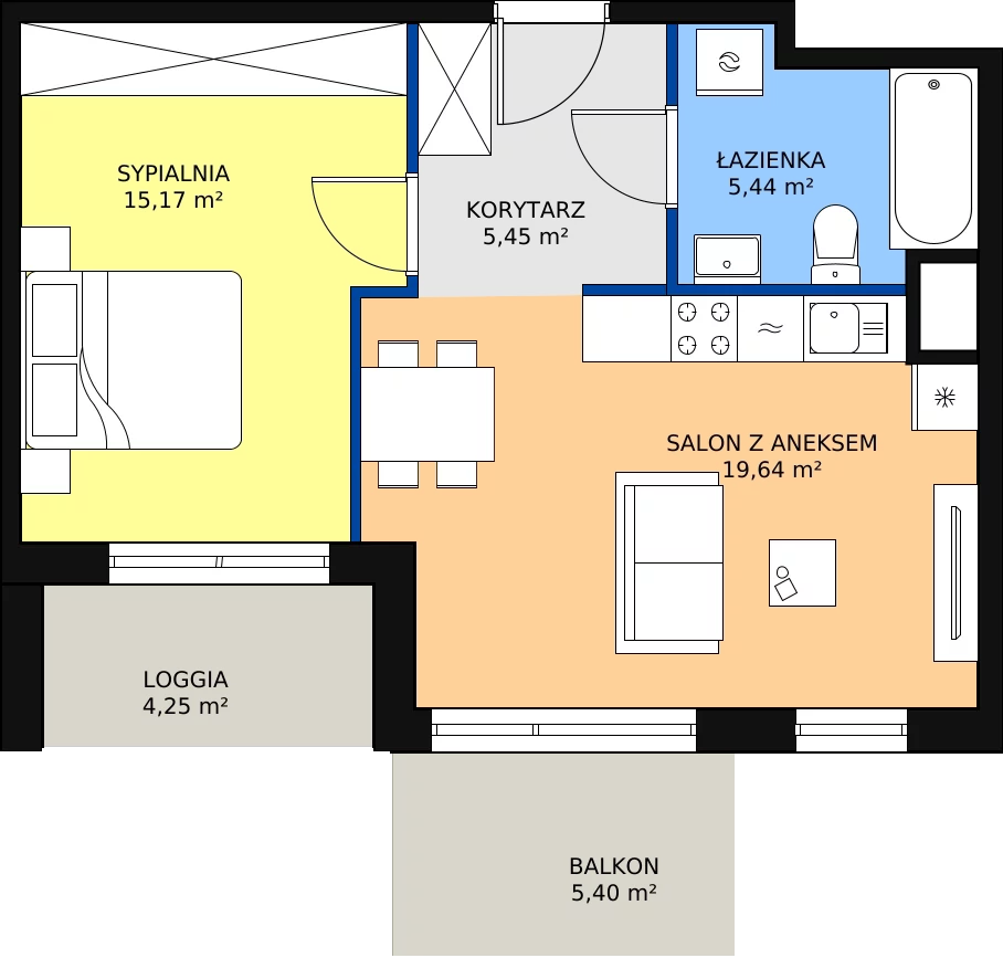 2 pokoje, mieszkanie 45,70 m², piętro 1, oferta nr B.01.1.07, Warszawska 58A, Warszawa, Ursus, Niedźwiadek, ul. Warszawska 58a