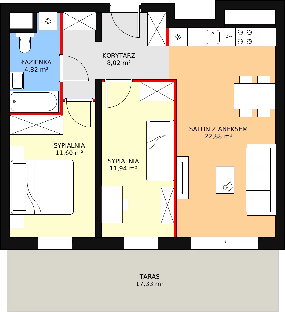 3 pokoje, apartament 59,26 m², piętro 2, oferta nr H1-A-2-5, Heyki City ATAL, Szczecin, Prawobrzeże, Międzyodrze, ul. Leona Heyki