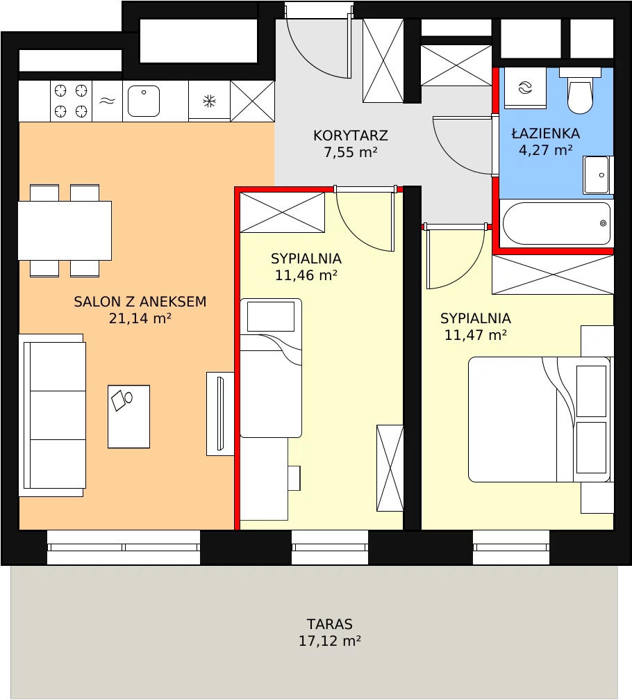 3 pokoje, apartament 55,89 m², piętro 2, oferta nr H1-B-2-6, Heyki City ATAL, Szczecin, Prawobrzeże, Międzyodrze, ul. Leona Heyki