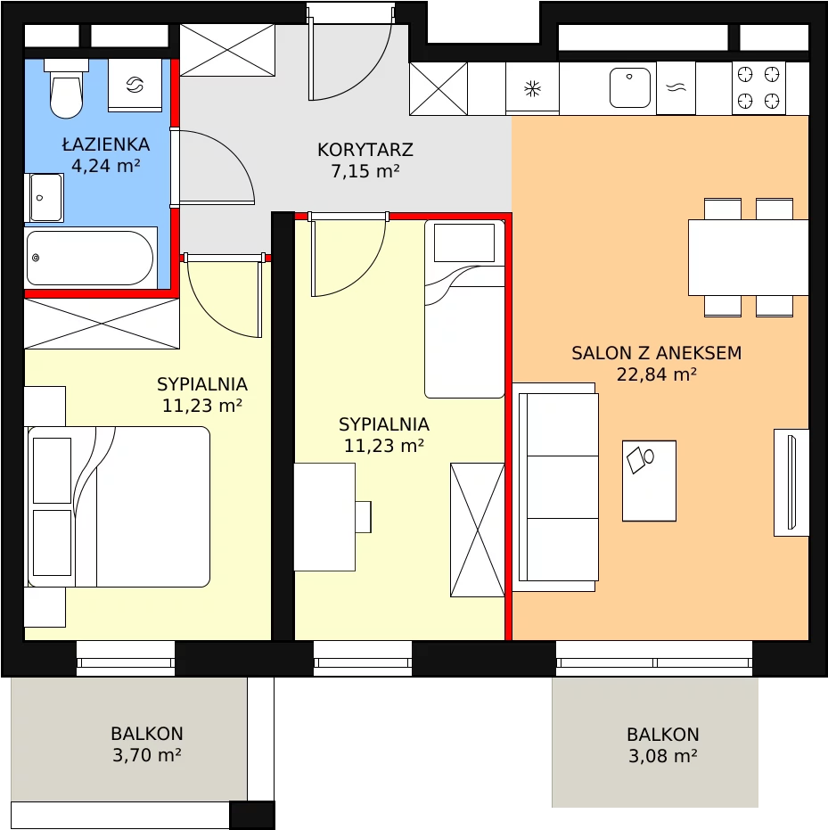 3 pokoje, apartament 56,69 m², piętro 2, oferta nr H2-D-2-3, Heyki City ATAL, Szczecin, Prawobrzeże, Międzyodrze, ul. Leona Heyki