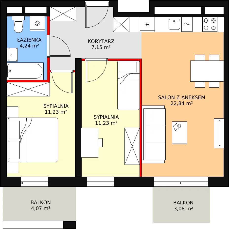 3 pokoje, apartament 56,69 m², piętro 3, oferta nr H2-D-3-3, Heyki City ATAL, Szczecin, Prawobrzeże, Międzyodrze, ul. Leona Heyki