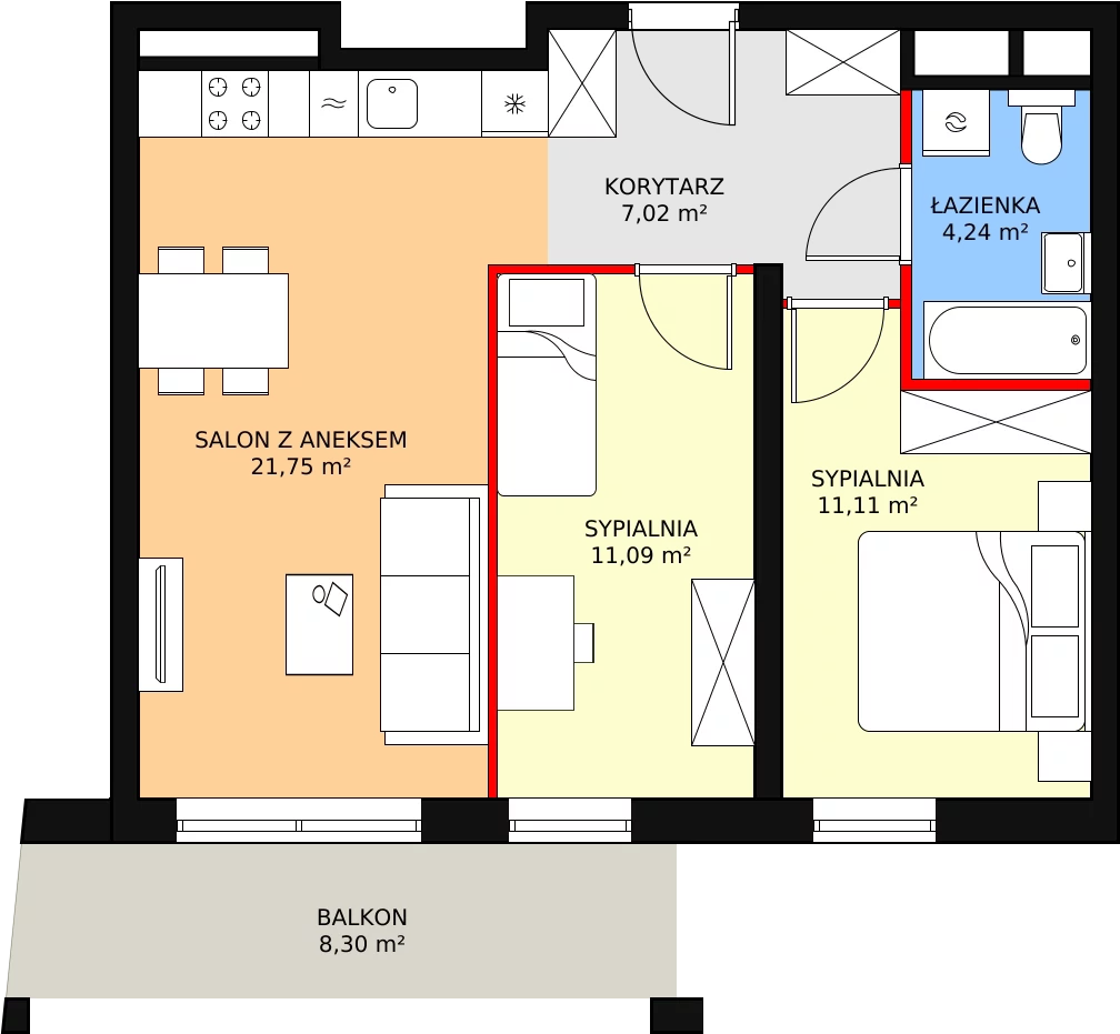 3 pokoje, mieszkanie 55,21 m², piętro 3, oferta nr H2-E-3-7, Heyki City ATAL, Szczecin, Prawobrzeże, Międzyodrze, ul. Leona Heyki