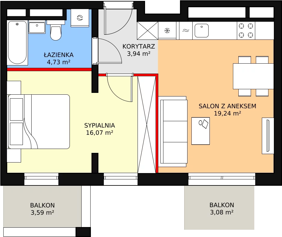 2 pokoje, mieszkanie 43,98 m², piętro 6, oferta nr H2-D-6-2, Heyki City ATAL, Szczecin, Prawobrzeże, Międzyodrze, ul. Leona Heyki