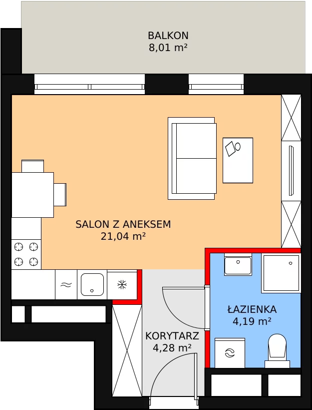 1 pokój, mieszkanie 29,51 m², piętro 6, oferta nr H2-E-6-1, Heyki City ATAL, Szczecin, Prawobrzeże, Międzyodrze, ul. Leona Heyki