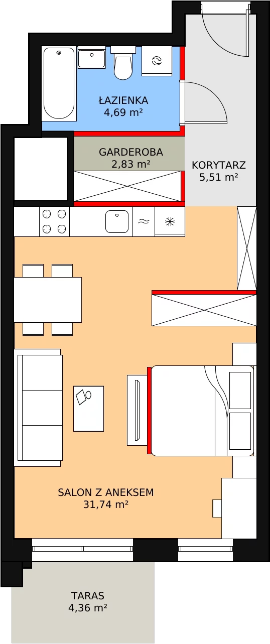 1 pokój, mieszkanie 44,77 m², piętro 2, oferta nr H4-C-2-8, Heyki City ATAL, Szczecin, Prawobrzeże, Międzyodrze, ul. Leona Heyki