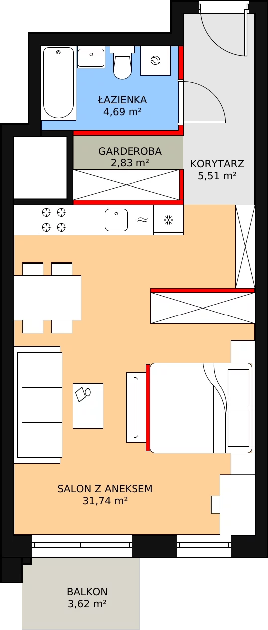 1 pokój, mieszkanie 44,77 m², piętro 3, oferta nr H4-C-3-8, Heyki City ATAL, Szczecin, Prawobrzeże, Międzyodrze, ul. Leona Heyki