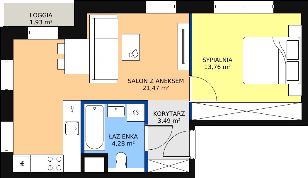 Zalety mieszkania 43 m², 6.01.A08