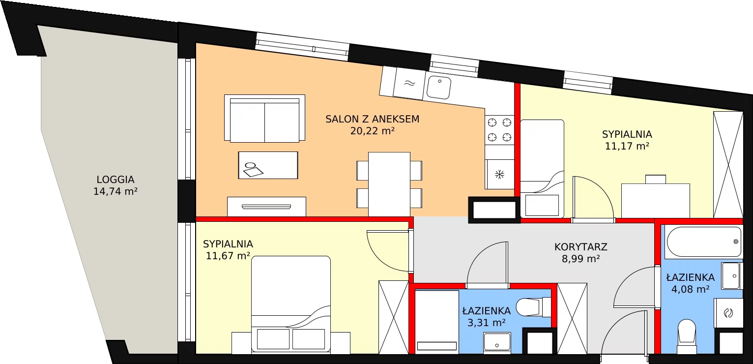 3 pokoje, mieszkanie 59,44 m², piętro 3, oferta nr 1-3-41, ATAL Aura II, Łódź, Bałuty, ul. Telefoniczna 15/17