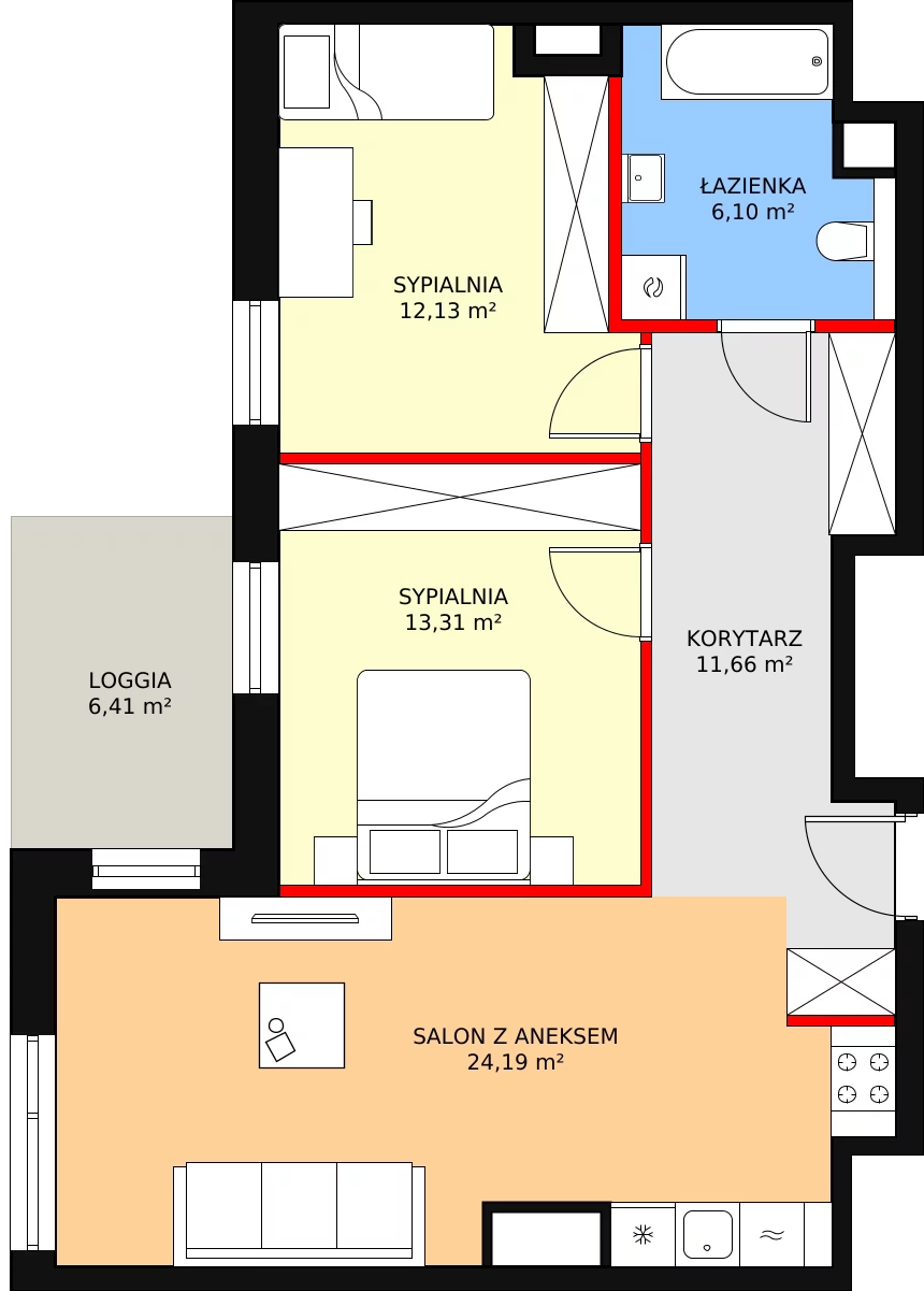 3 pokoje, mieszkanie 67,39 m², piętro 1, oferta nr 2-1-24, ATAL Aura II, Łódź, Bałuty, ul. Telefoniczna 15/17