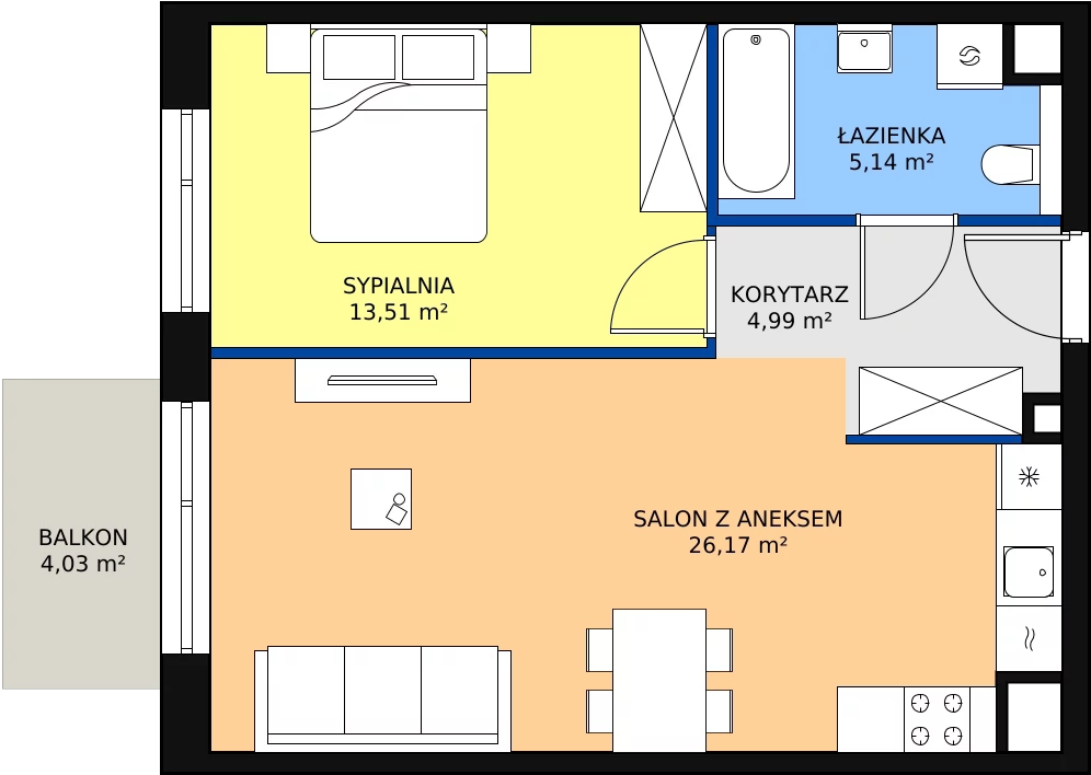 Zalety mieszkania 49.81 m², M1.1.13