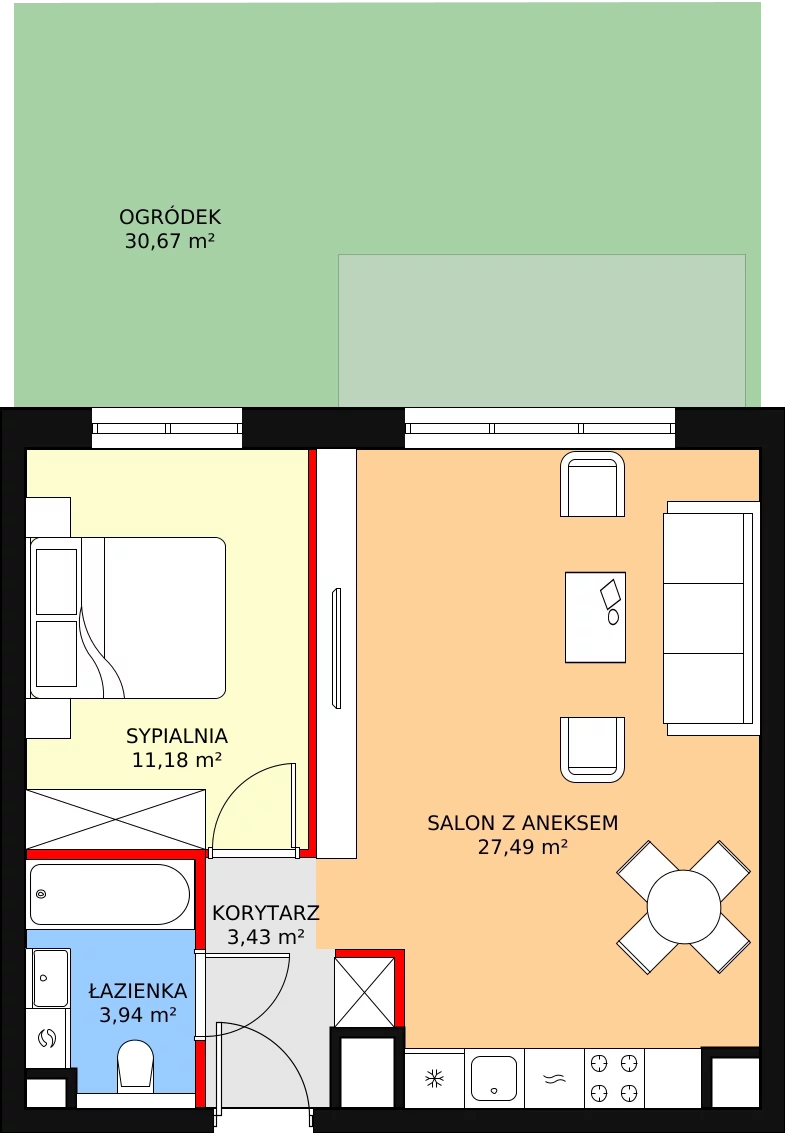 2 pokoje, mieszkanie 46,45 m², parter, oferta nr 5.1.4, Osiedle Przyjemne - etap II, Gdańsk, Jasień, ul. Flisykowskiego