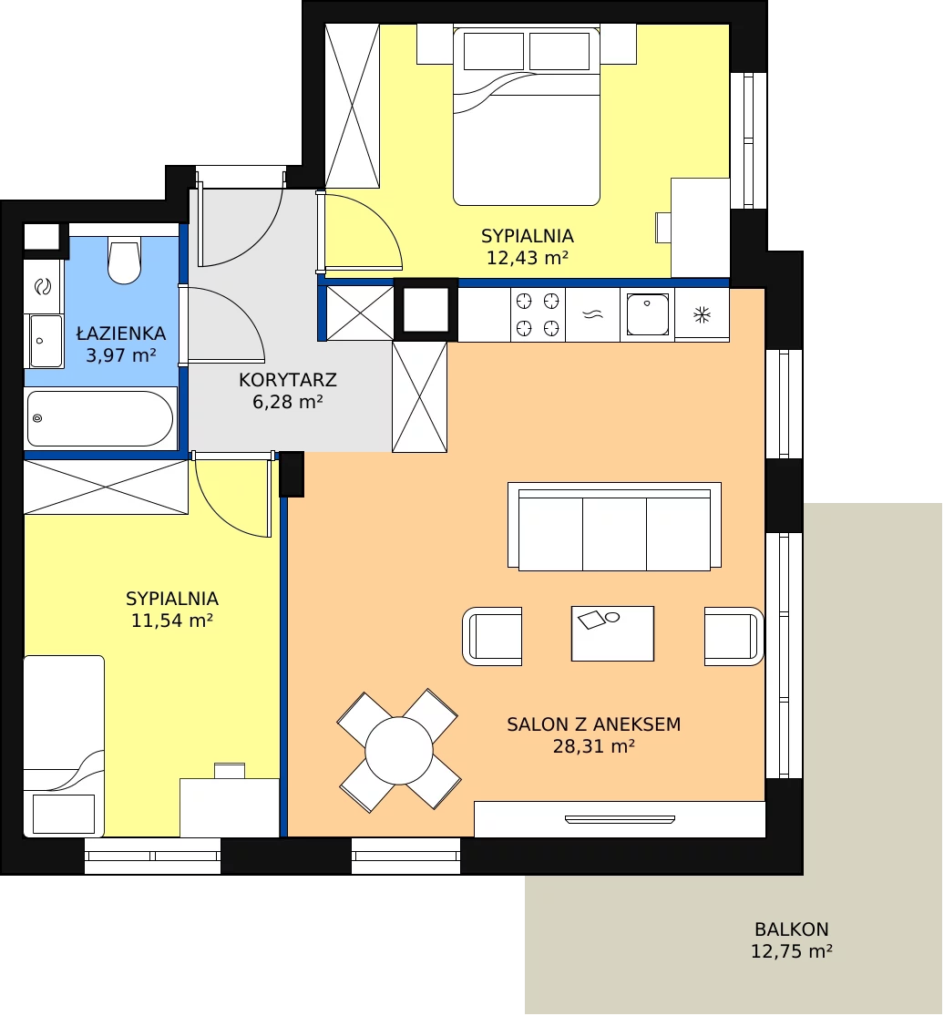 3 pokoje, mieszkanie 62,99 m², piętro 1, oferta nr 5.3.7, Osiedle Przyjemne - etap II, Gdańsk, Jasień, ul. Flisykowskiego
