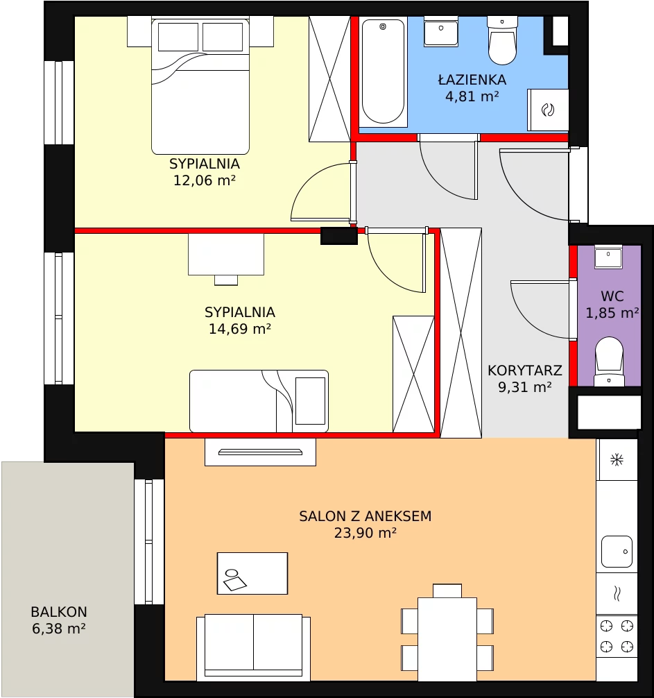 3 pokoje, mieszkanie 68,42 m², piętro 1, oferta nr B1.1_1_2, Nowe Miasto Polesie IV, Łódź, Polesie, Lublinek-Pienista, ul. Pienista