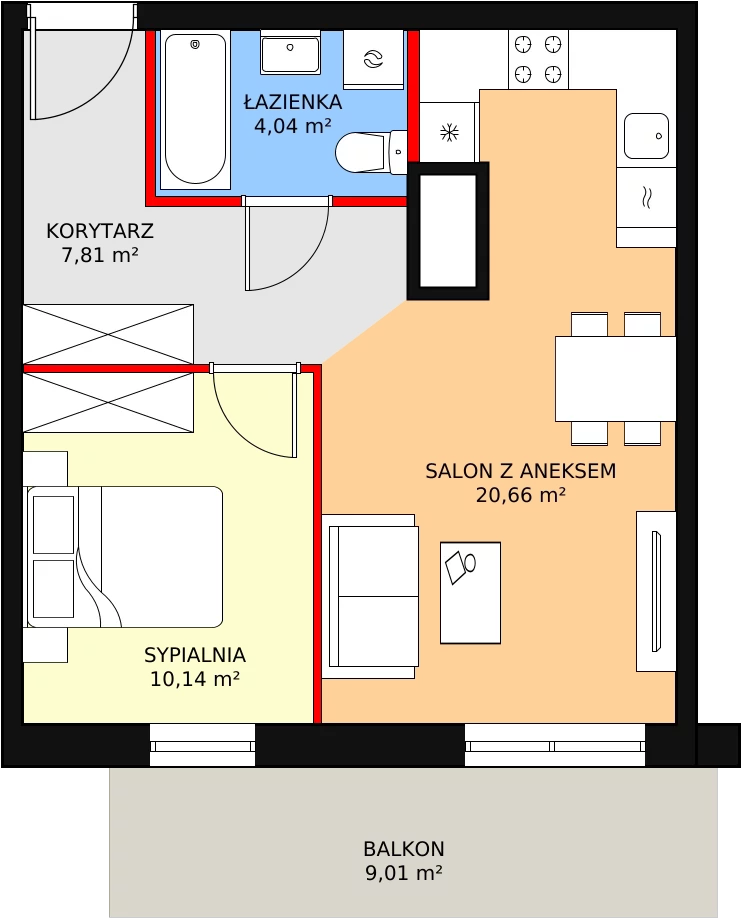 2 pokoje, mieszkanie 43,37 m², piętro 1, oferta nr C2_1_4, Nowe Miasto Polesie IV, Łódź, Polesie, Lublinek-Pienista, ul. Pienista