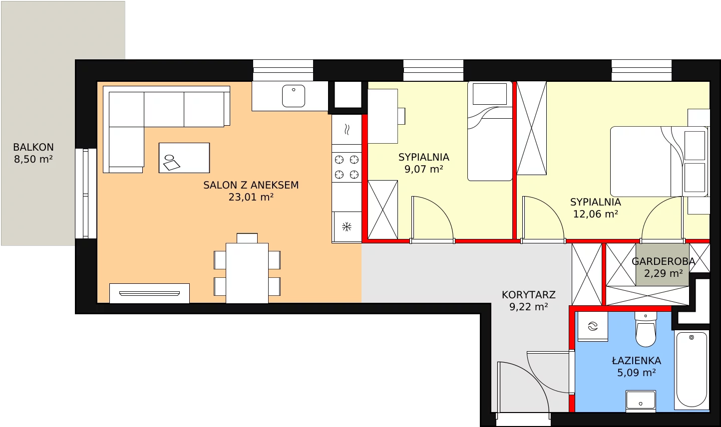 3 pokoje, mieszkanie 62,37 m², piętro 1, oferta nr C3_1_7, Nowe Miasto Polesie IV, Łódź, Polesie, Lublinek-Pienista, ul. Pienista