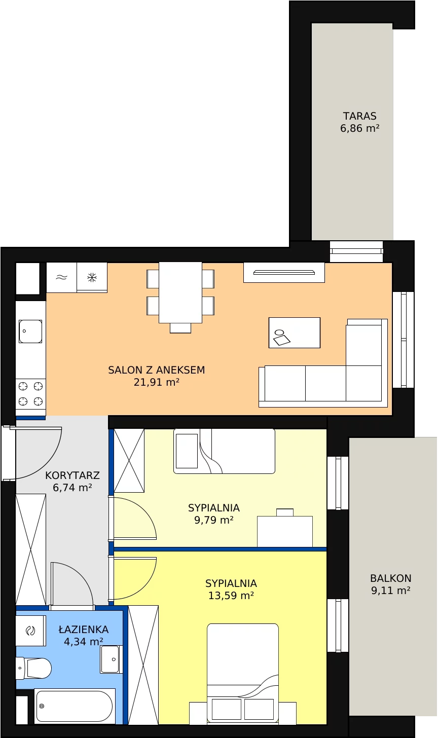 Zalety mieszkania 57.29 m², D1.2_2_1