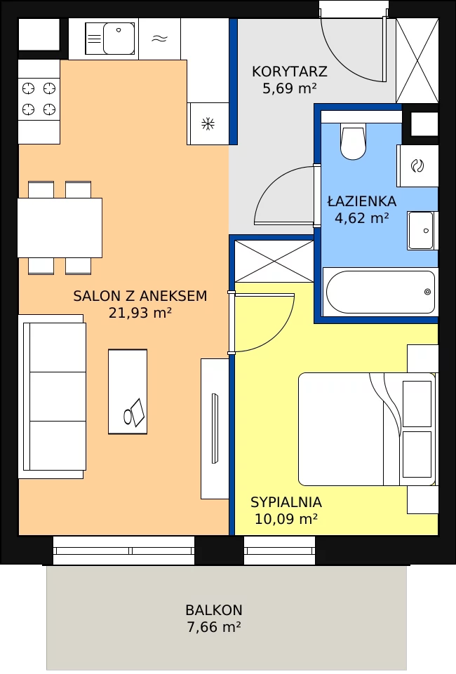 Zalety mieszkania 42.33 m², S2.G.2.2