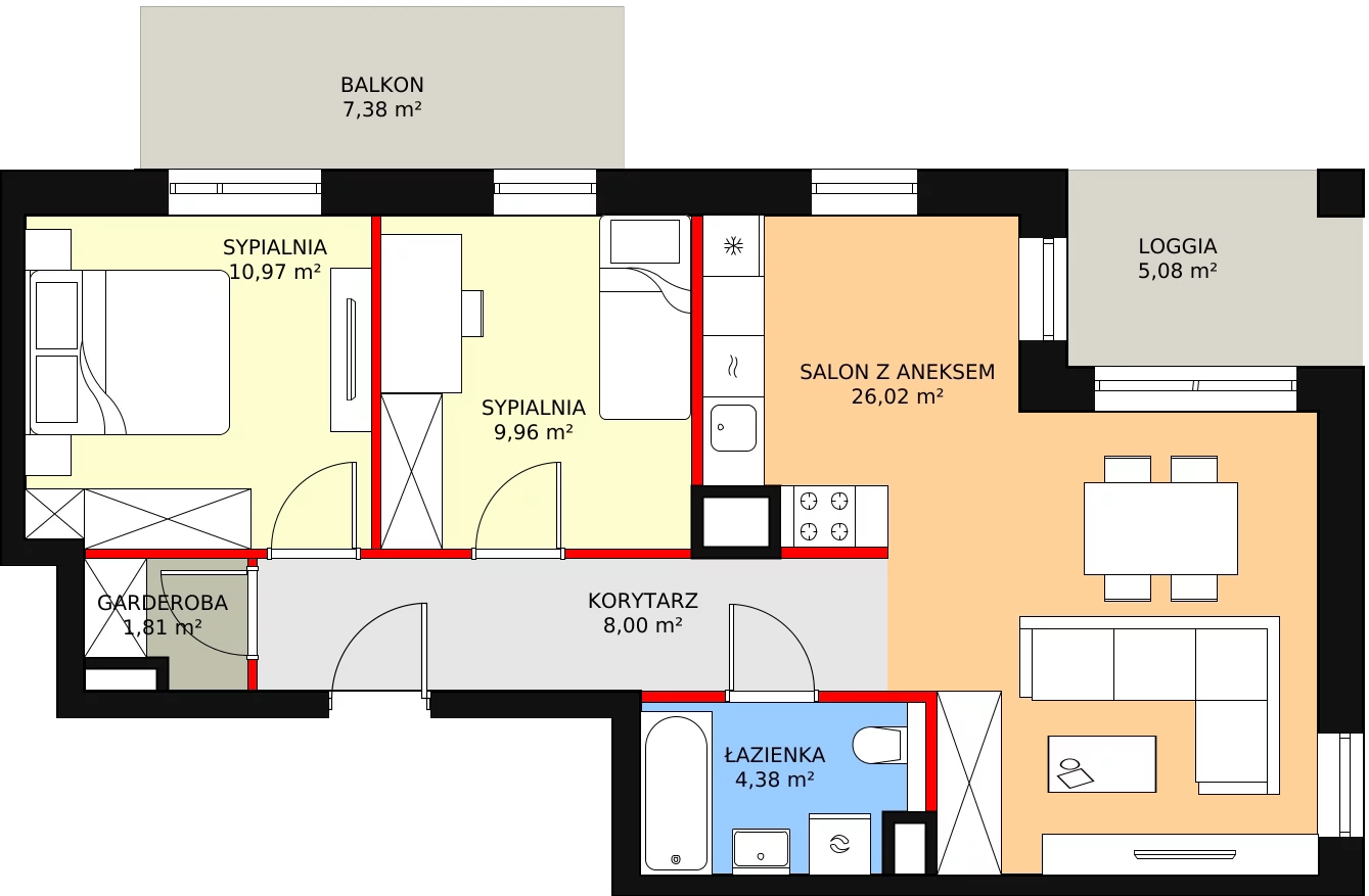Nowe mieszkanie, 61,14 m², 3 pokoje, 1 piętro, oferta nr 2A.1.03