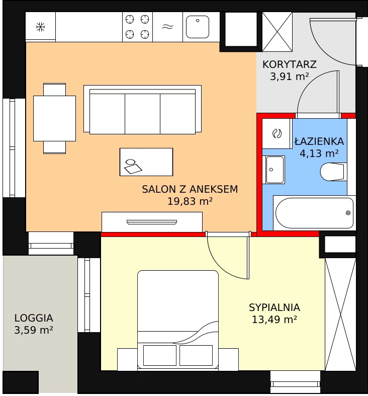 Nowe mieszkanie, 41,36 m², 2 pokoje, 2 piętro, oferta nr 2B.2.36