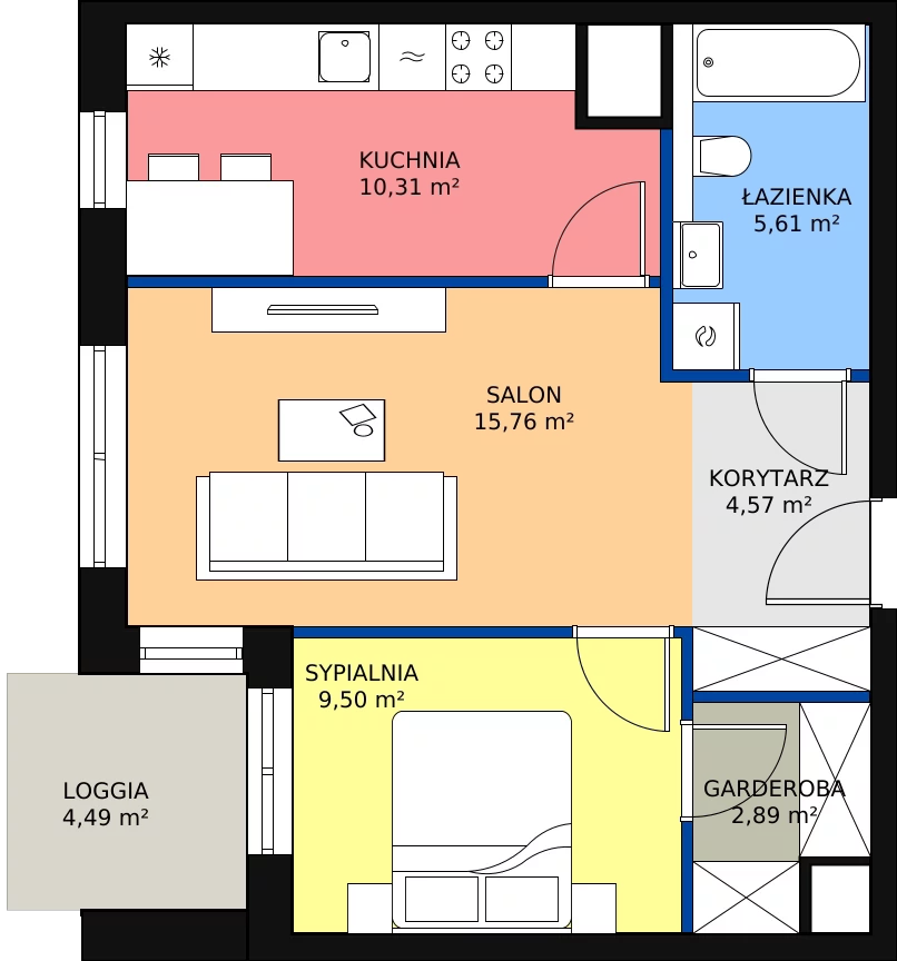 Zalety mieszkania 48.57 m², 3A.7.49