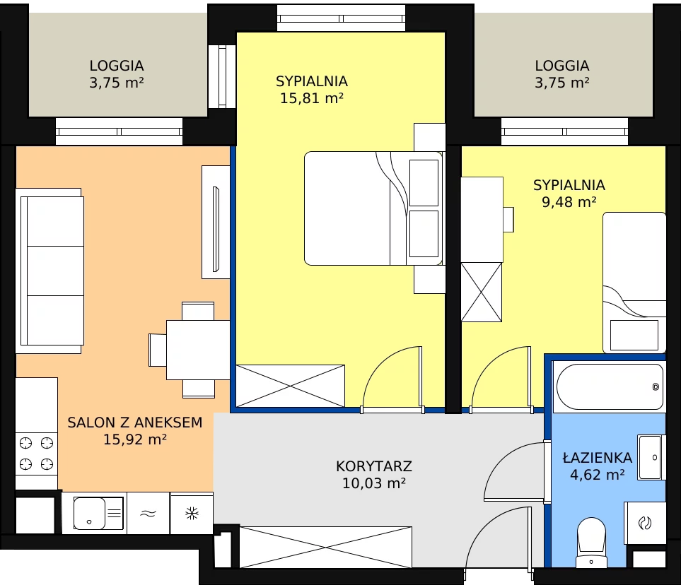 Zalety mieszkania 55.86 m², A1-1-5