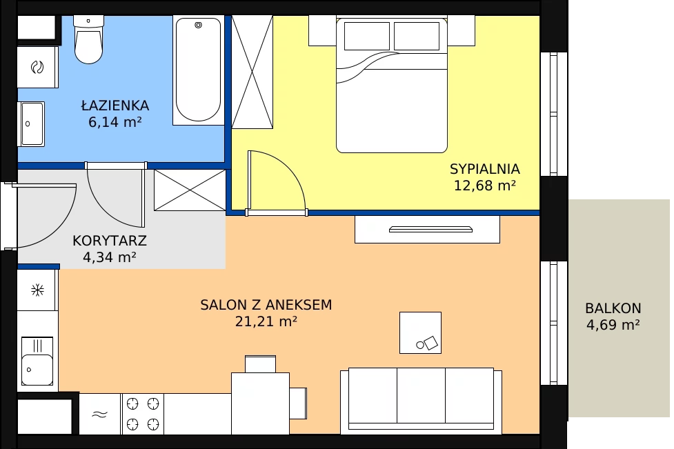 Zalety mieszkania 44.37 m², A2-1-171