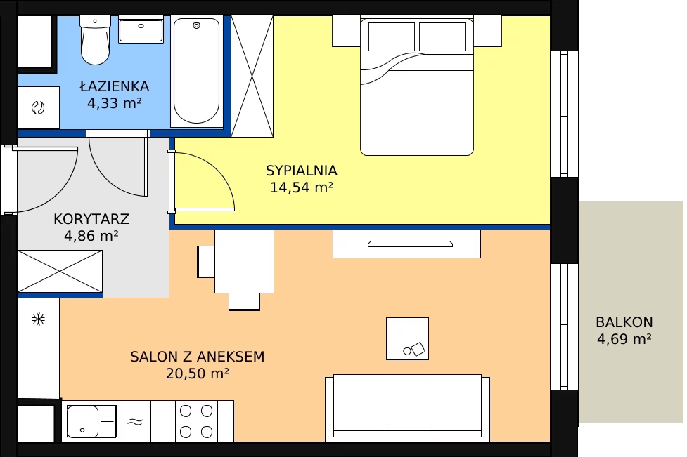 Zalety mieszkania 44.23 m², A3-1-140