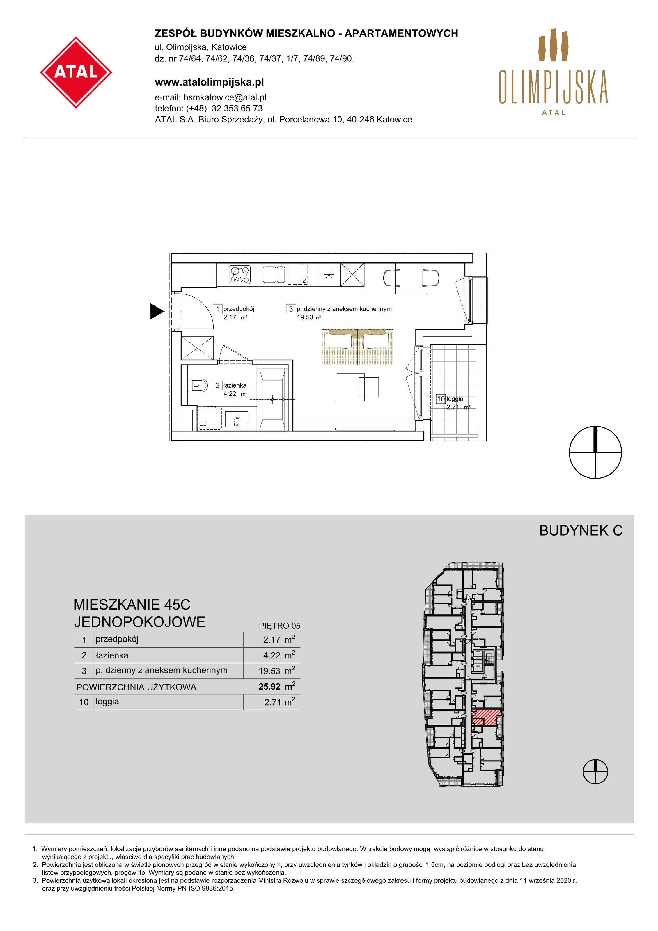 Mieszkanie 25,92 m², piętro 5, oferta nr C-05-45C, ATAL Olimpijska, Katowice, Bogucice, ul. Olimpijska / al. Korfantego