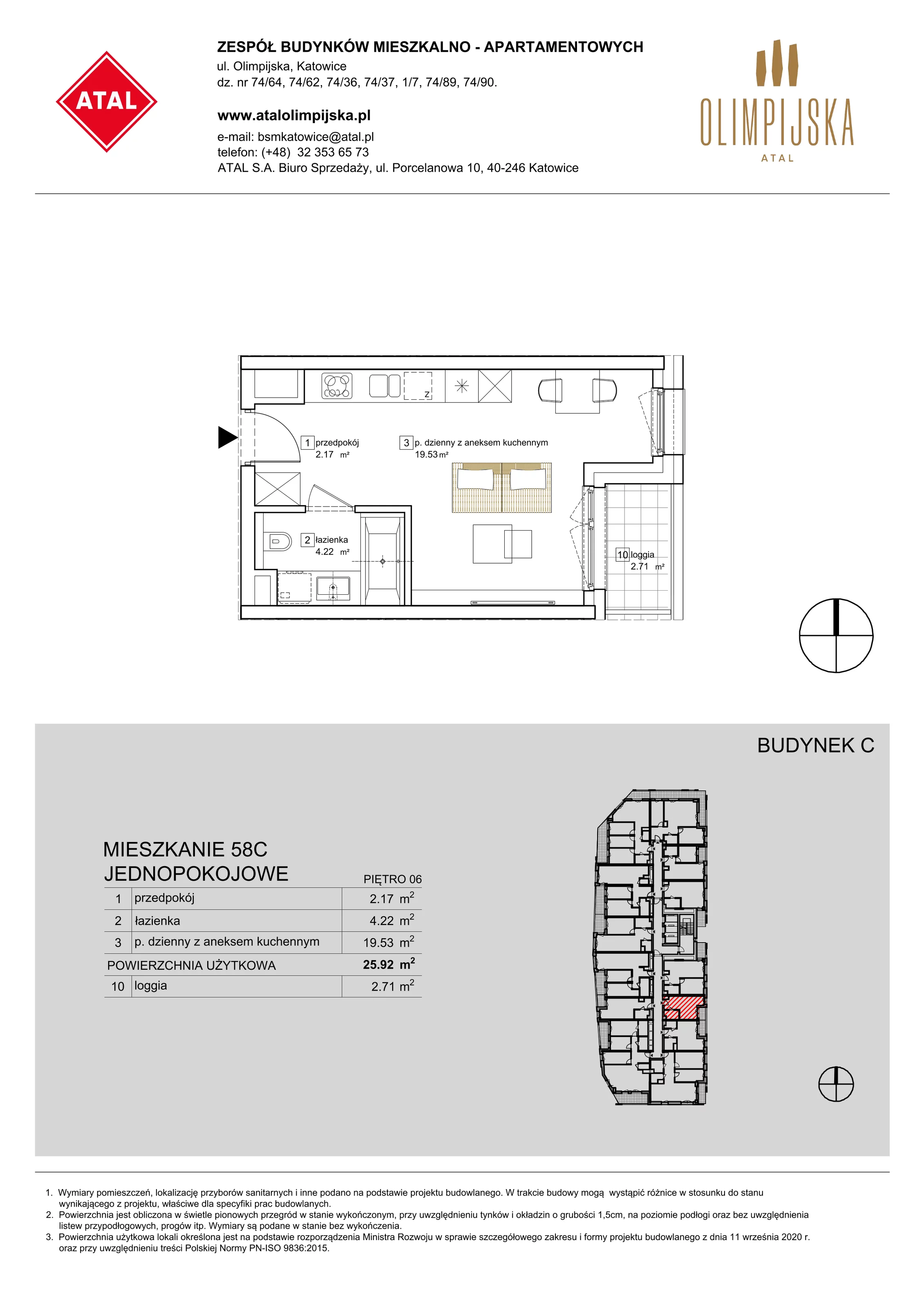 Apartament 25,92 m², piętro 6, oferta nr C-06-58C, ATAL Olimpijska, Katowice, Bogucice, ul. Olimpijska / al. Korfantego