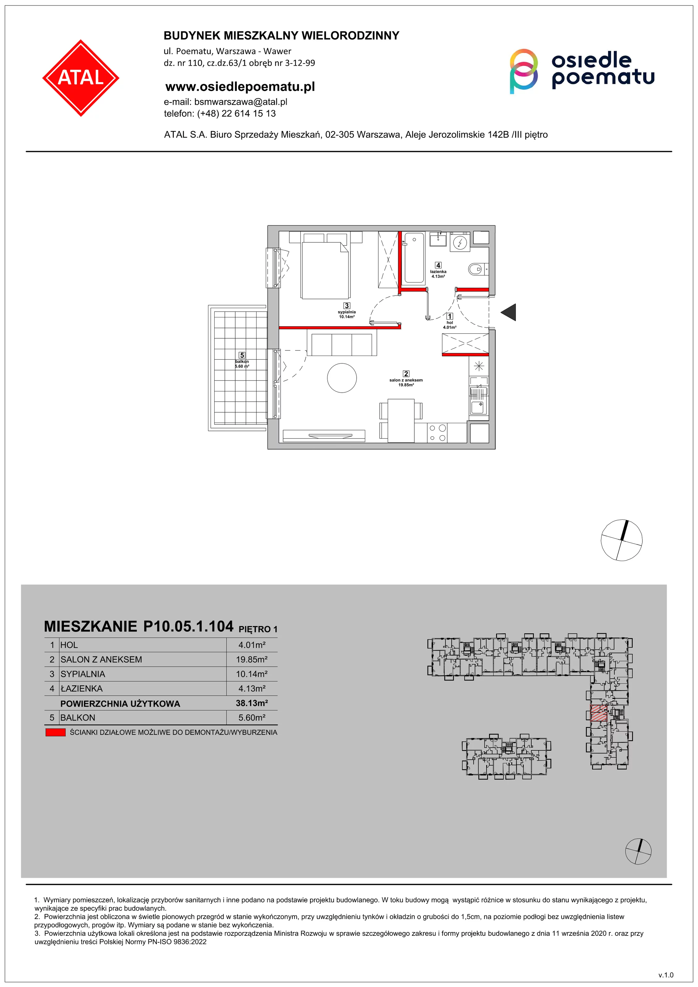 Mieszkanie 38,13 m², piętro 1, oferta nr P10.05.1.104, Osiedle Poematu, Warszawa, Wawer, Falenica, ul. Poematu