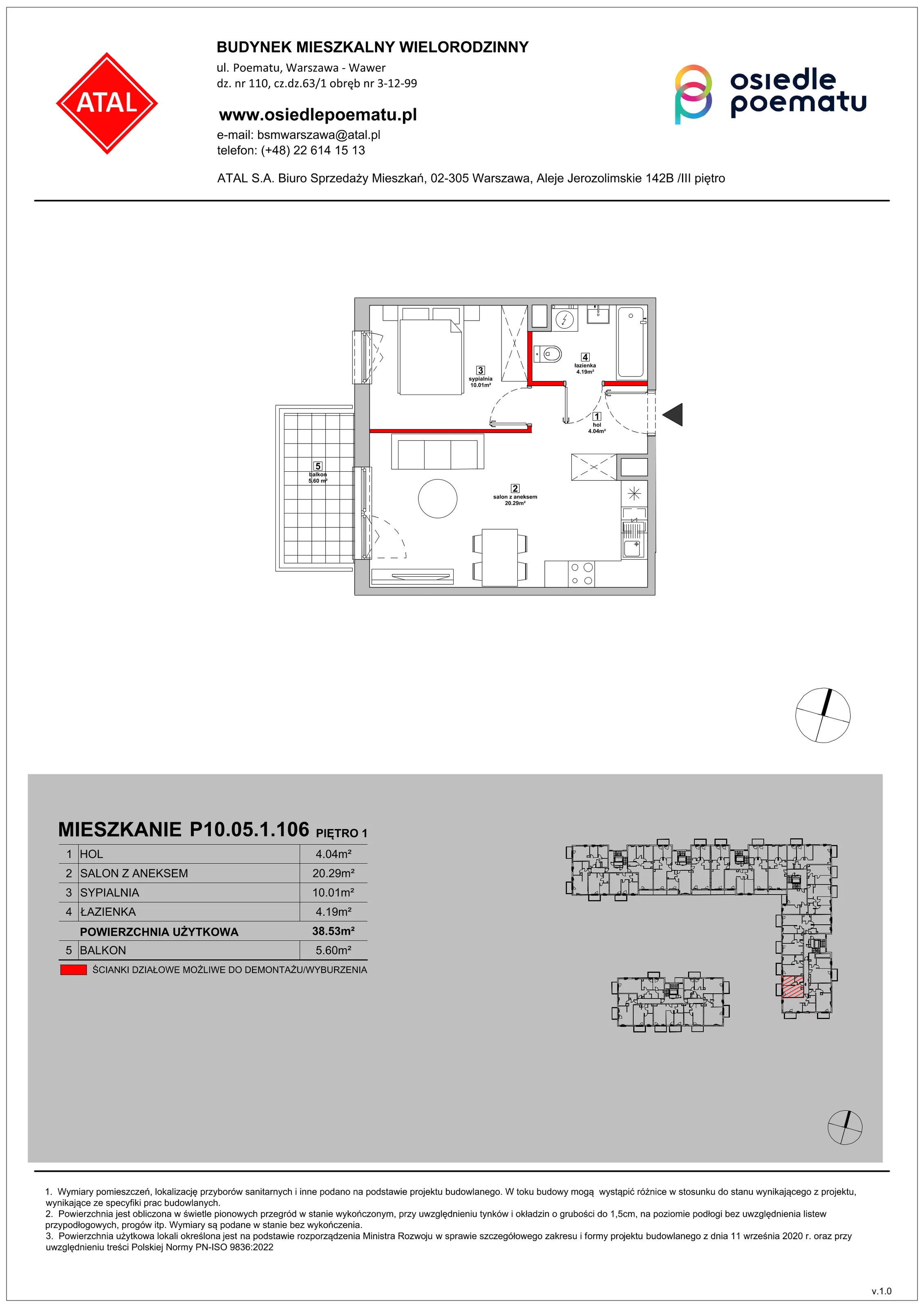 Mieszkanie 38,53 m², piętro 1, oferta nr P10.05.1.106, Osiedle Poematu, Warszawa, Wawer, Falenica, ul. Poematu