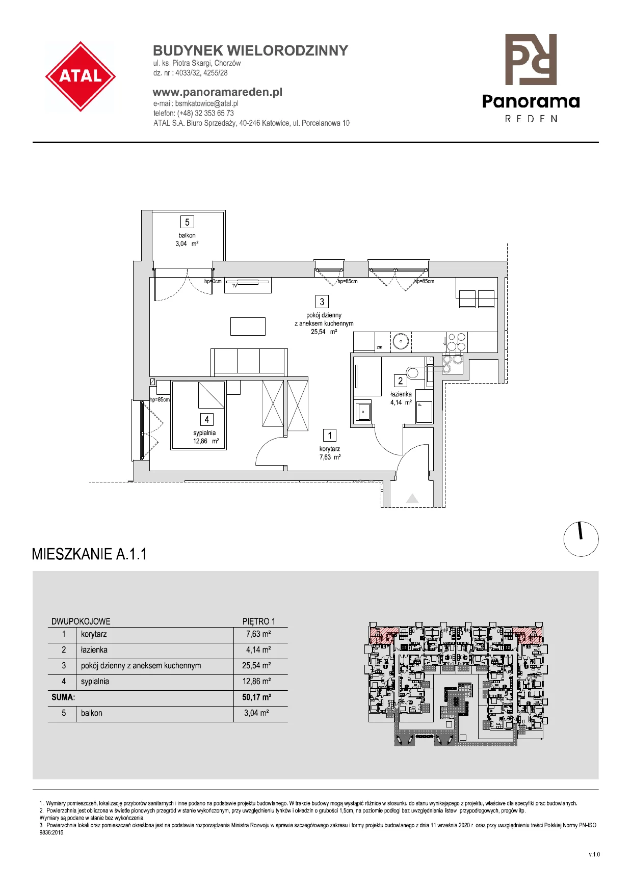 Mieszkanie 47,08 m², piętro 1, oferta nr A-1-M01, Panorama Reden, Chorzów, Centrum, Centrum, ul. Piotra Skargi