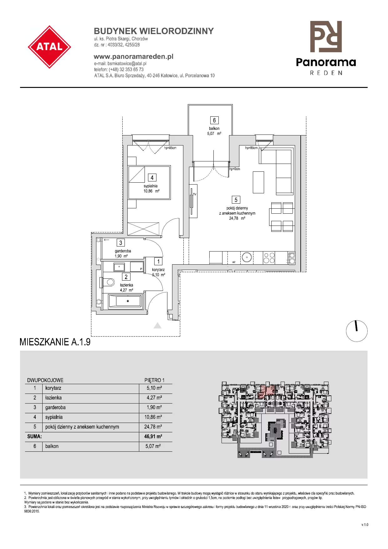 Mieszkanie 47,34 m², piętro 1, oferta nr A-1-M09, Panorama Reden, Chorzów, Centrum, Centrum, ul. Piotra Skargi