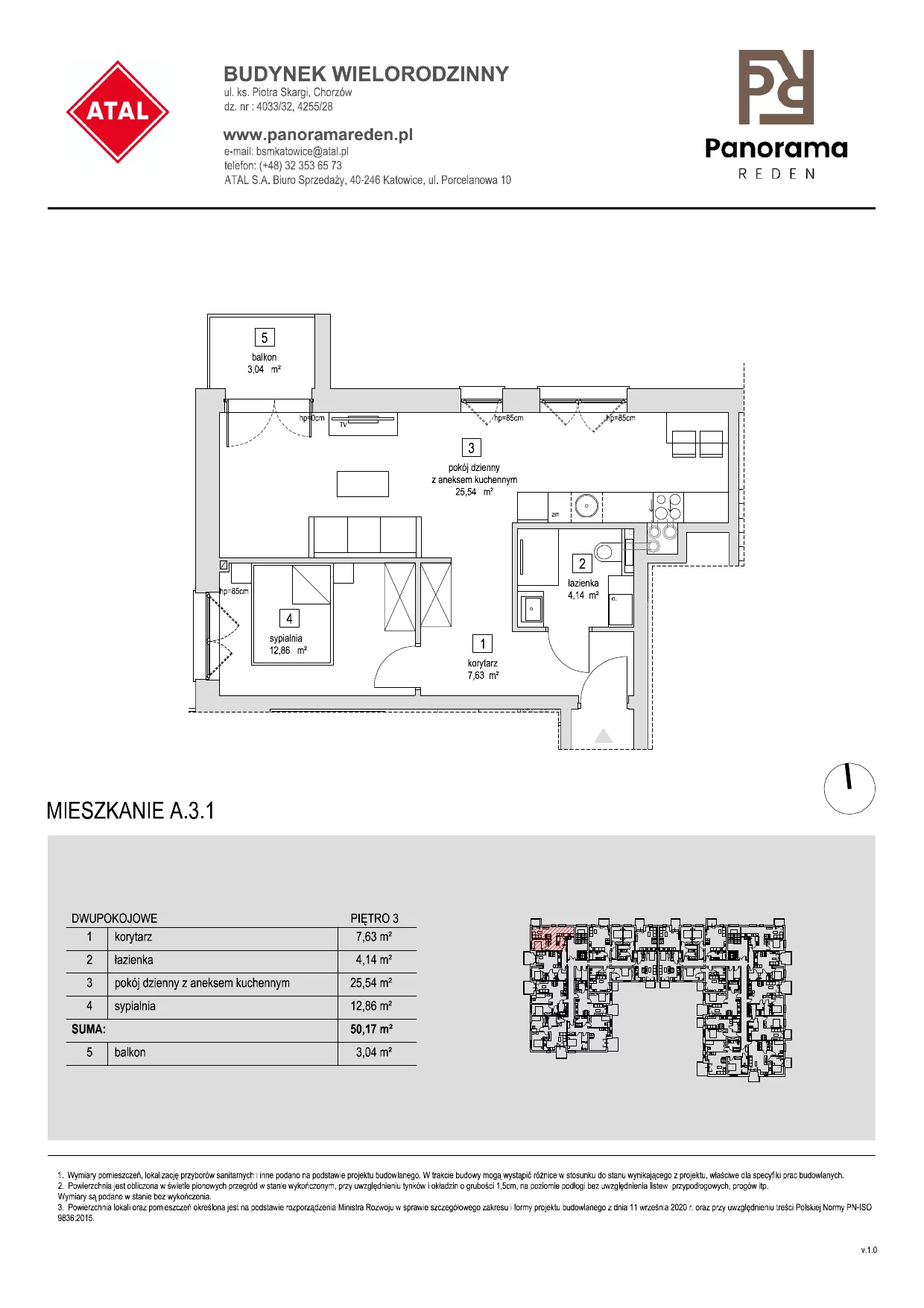 Mieszkanie 47,15 m², piętro 3, oferta nr A-3-M01, Panorama Reden, Chorzów, Centrum, Centrum, ul. Piotra Skargi