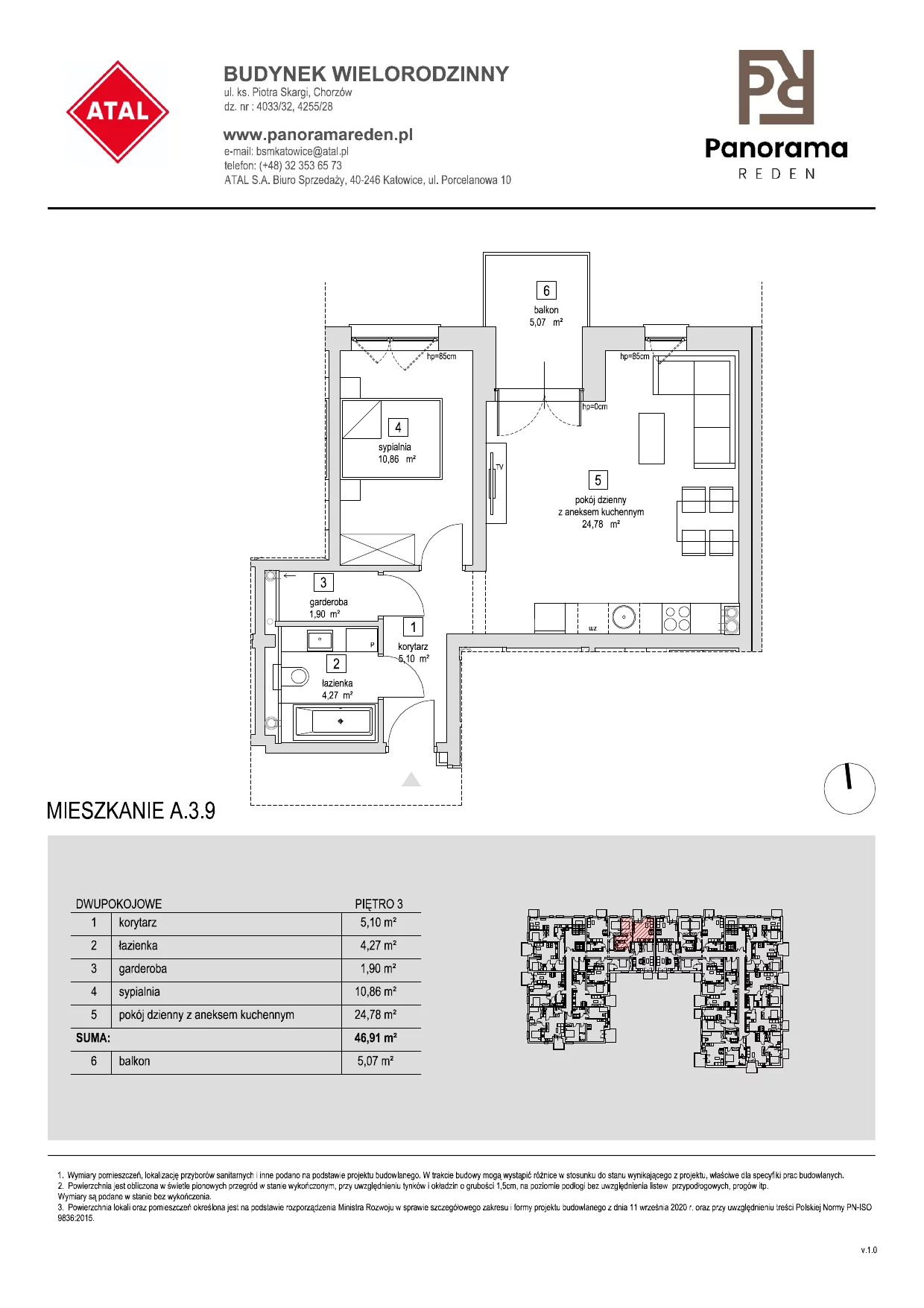 Mieszkanie 47,32 m², piętro 3, oferta nr A-3-M09, Panorama Reden, Chorzów, Centrum, Centrum, ul. Piotra Skargi