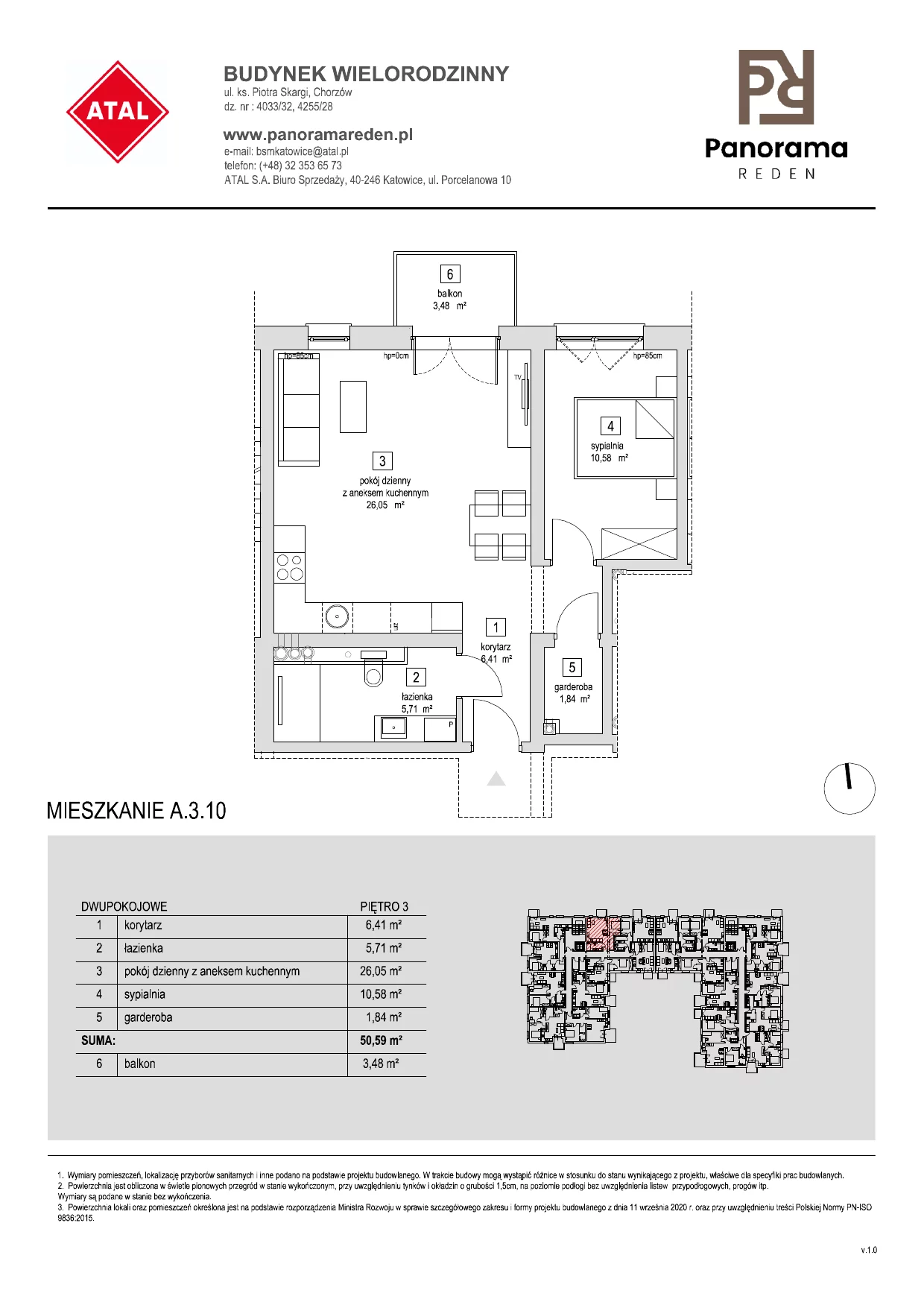 Mieszkanie 50,76 m², piętro 3, oferta nr A-3-M10, Panorama Reden, Chorzów, Centrum, Centrum, ul. Piotra Skargi