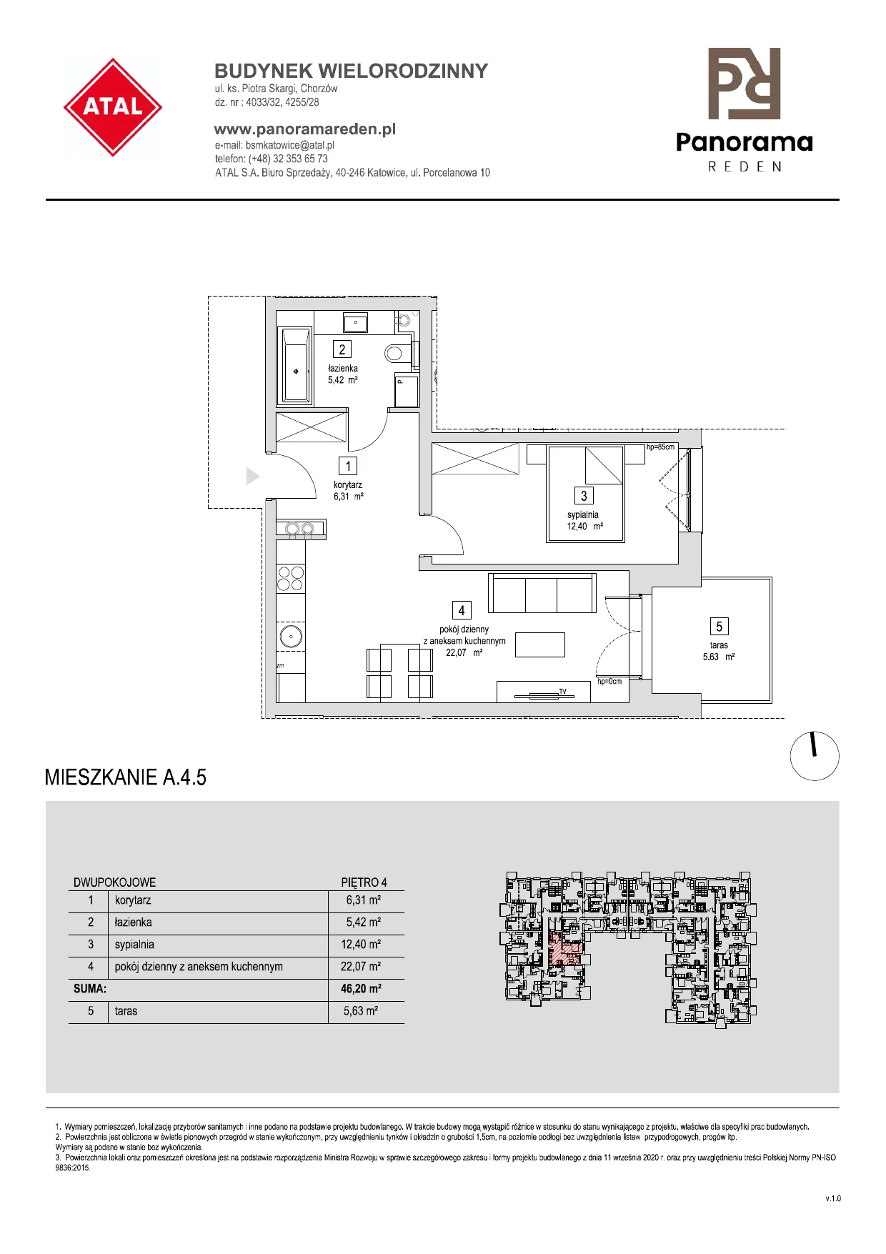 Mieszkanie 46,13 m², piętro 4, oferta nr A-4-M05, Panorama Reden, Chorzów, Centrum, Centrum, ul. Piotra Skargi