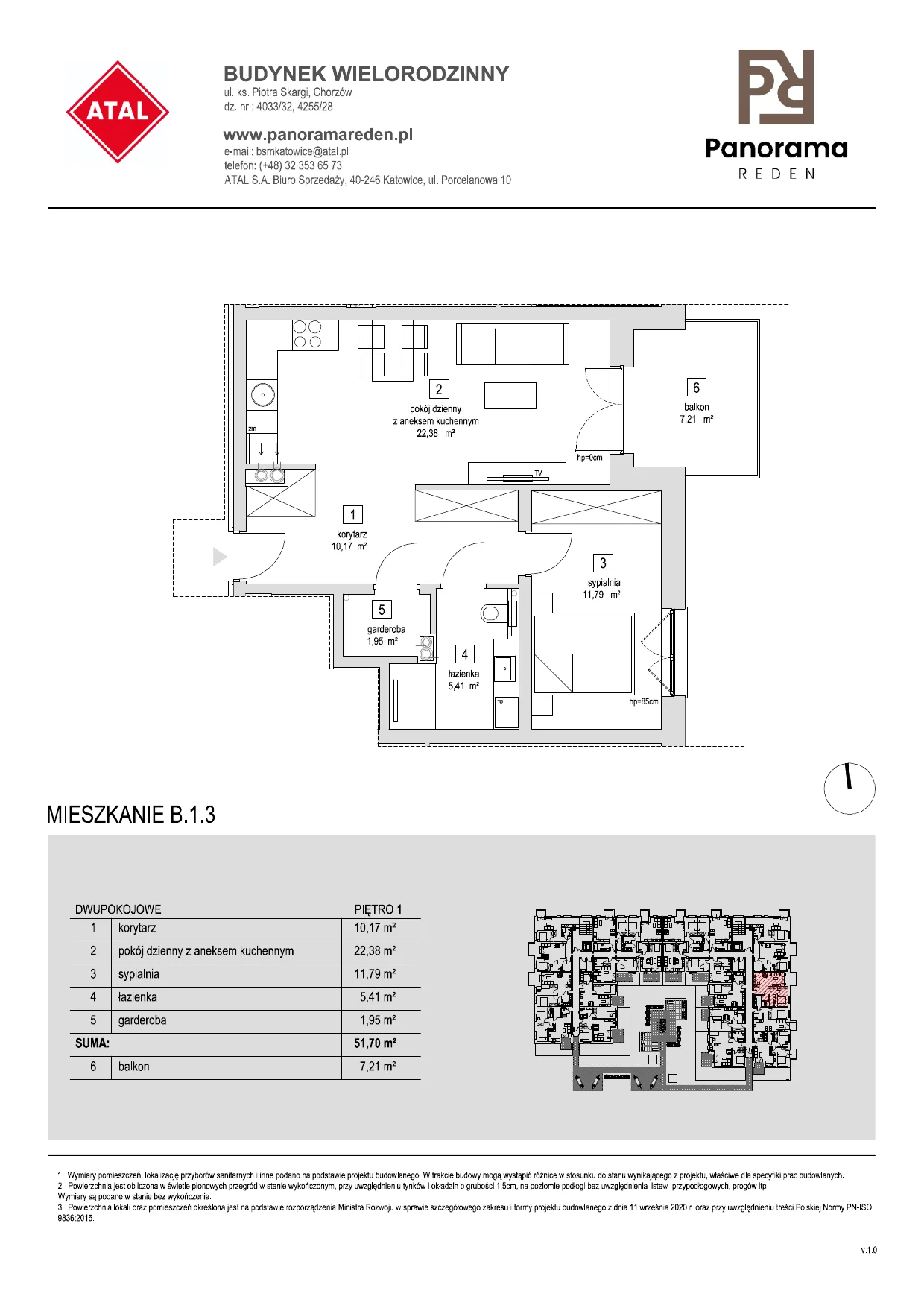 Mieszkanie 51,49 m², piętro 1, oferta nr B-1-M03, Panorama Reden, Chorzów, Centrum, Centrum, ul. Piotra Skargi