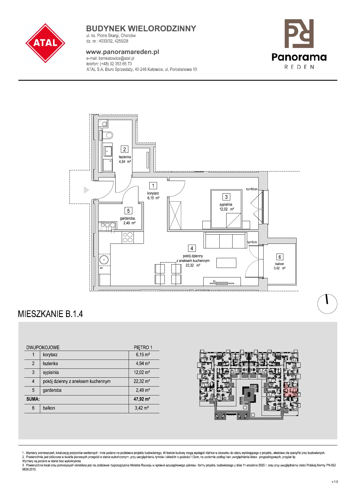 Mieszkanie 48,36 m², piętro 1, oferta nr B-1-M04, Panorama Reden, Chorzów, Centrum, Centrum, ul. Piotra Skargi