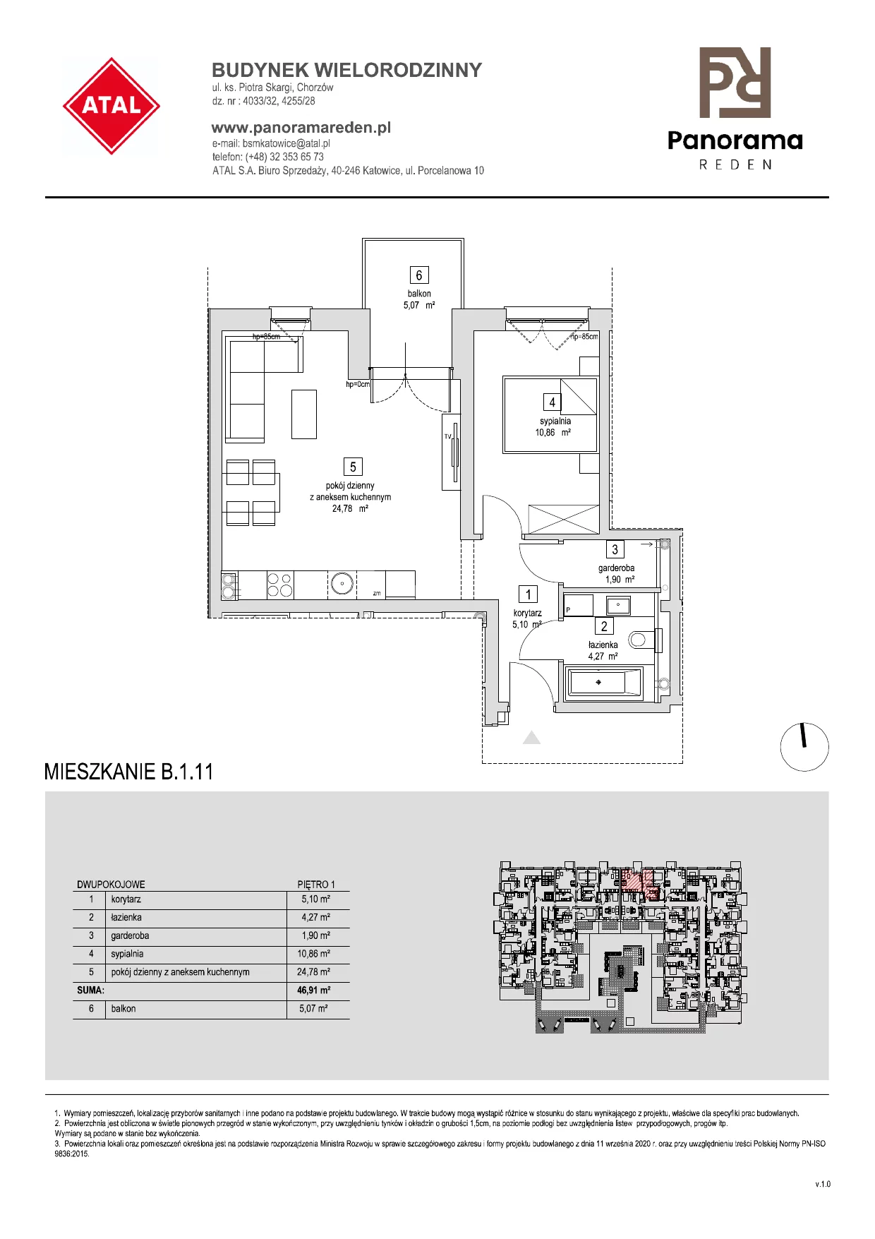Mieszkanie 47,34 m², piętro 1, oferta nr B-1-M11, Panorama Reden, Chorzów, Centrum, Centrum, ul. Piotra Skargi