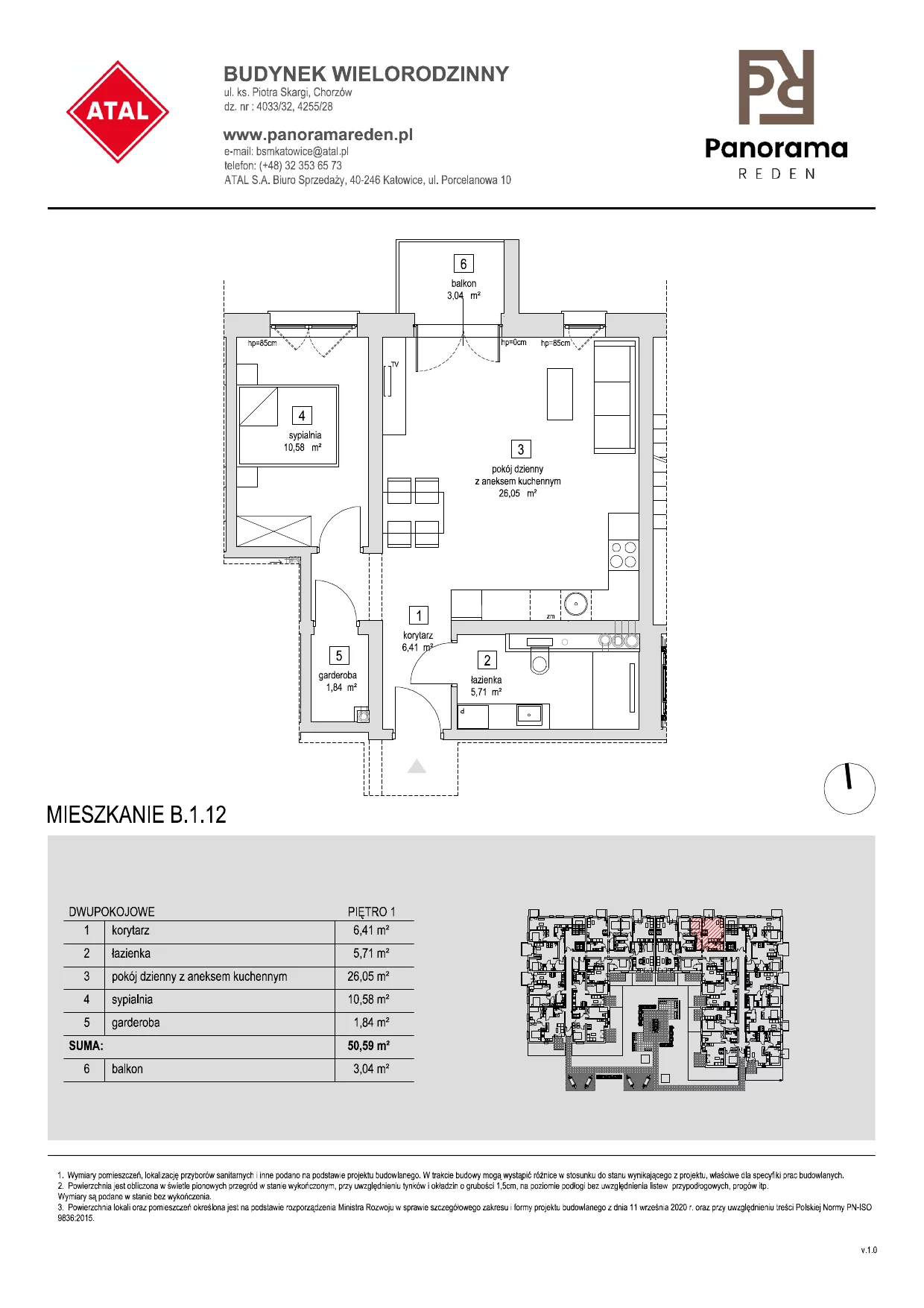 Mieszkanie 50,77 m², piętro 1, oferta nr B-1-M12, Panorama Reden, Chorzów, Centrum, Centrum, ul. Piotra Skargi