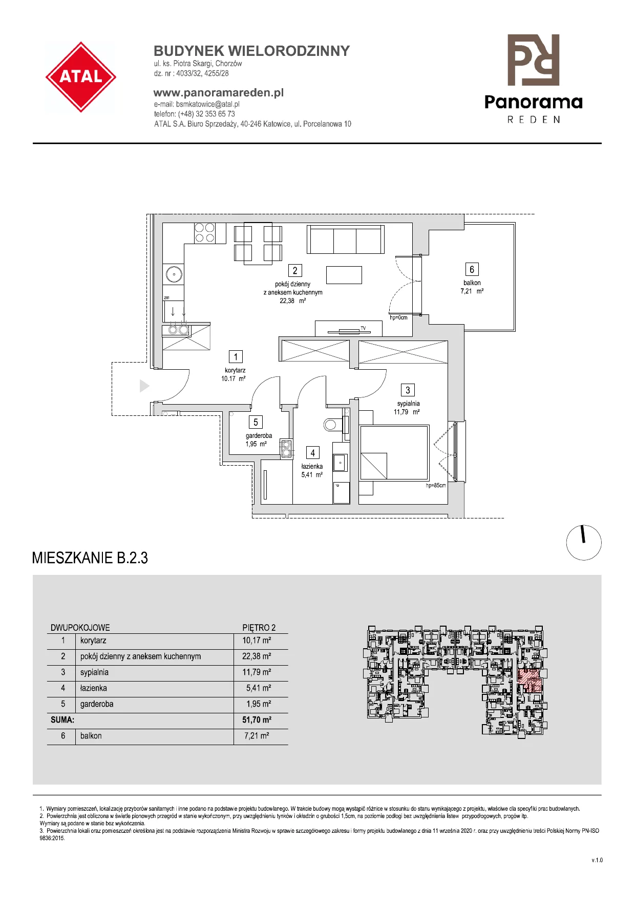 Mieszkanie 51,52 m², piętro 2, oferta nr B-2-M03, Panorama Reden, Chorzów, Centrum, Centrum, ul. Piotra Skargi