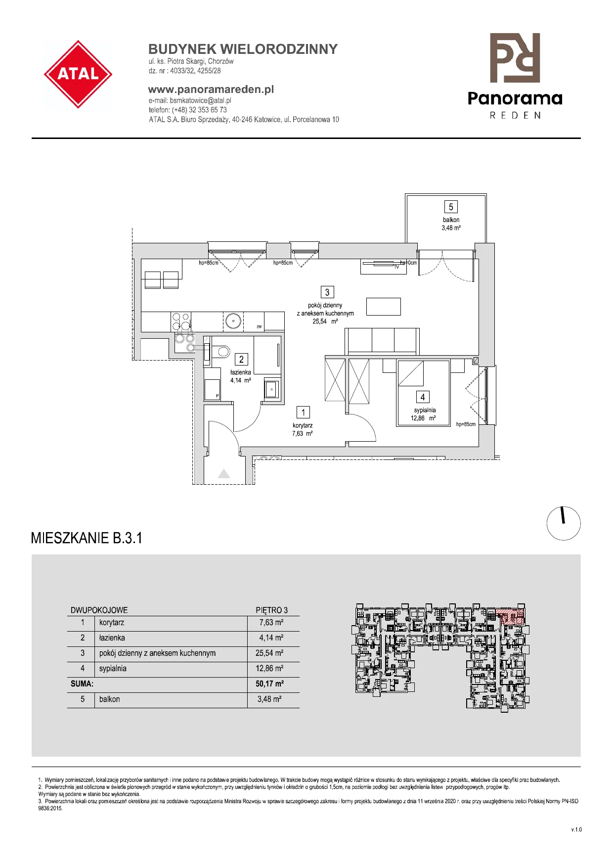 Mieszkanie 47,10 m², piętro 3, oferta nr B-3-M01, Panorama Reden, Chorzów, Centrum, Centrum, ul. Piotra Skargi