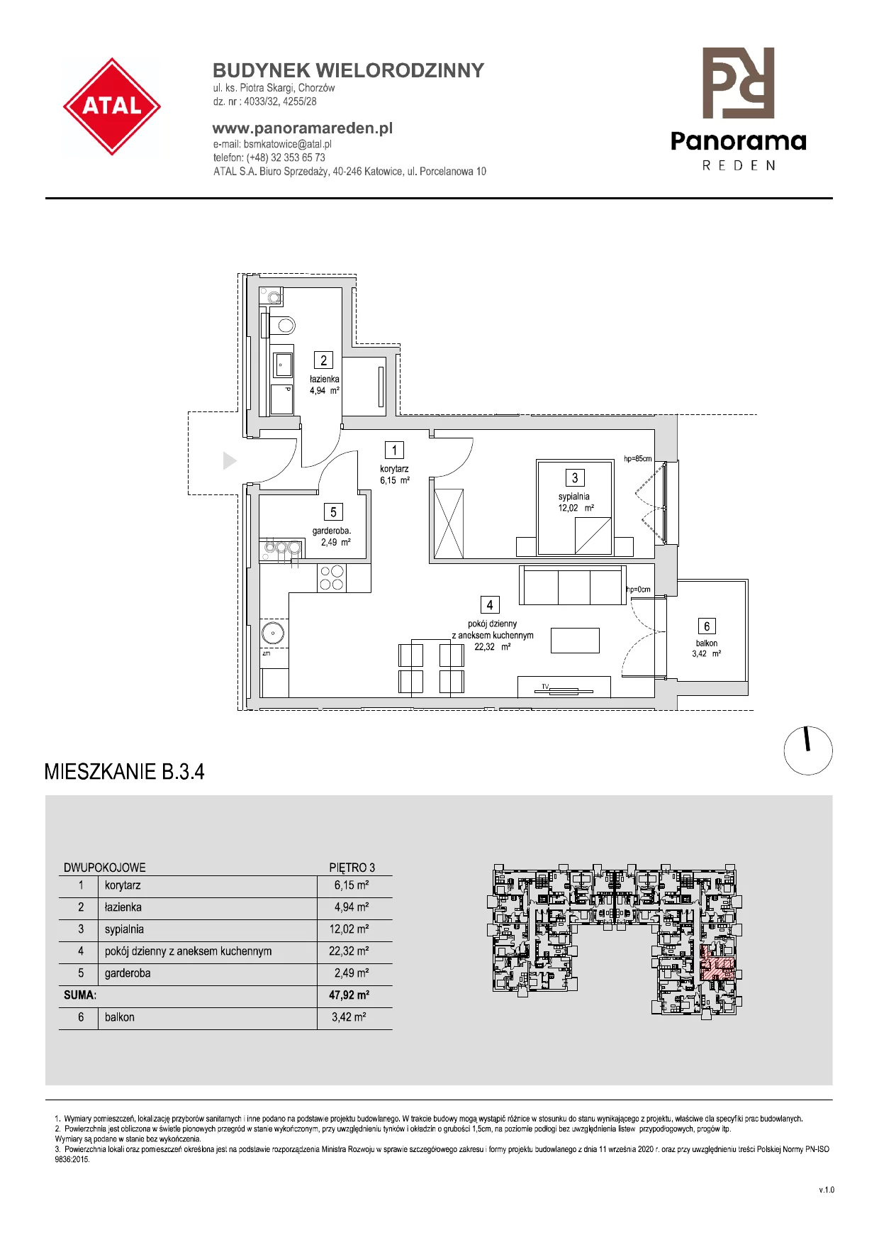 Mieszkanie 48,42 m², piętro 3, oferta nr B-3-M04, Panorama Reden, Chorzów, Centrum, Centrum, ul. Piotra Skargi