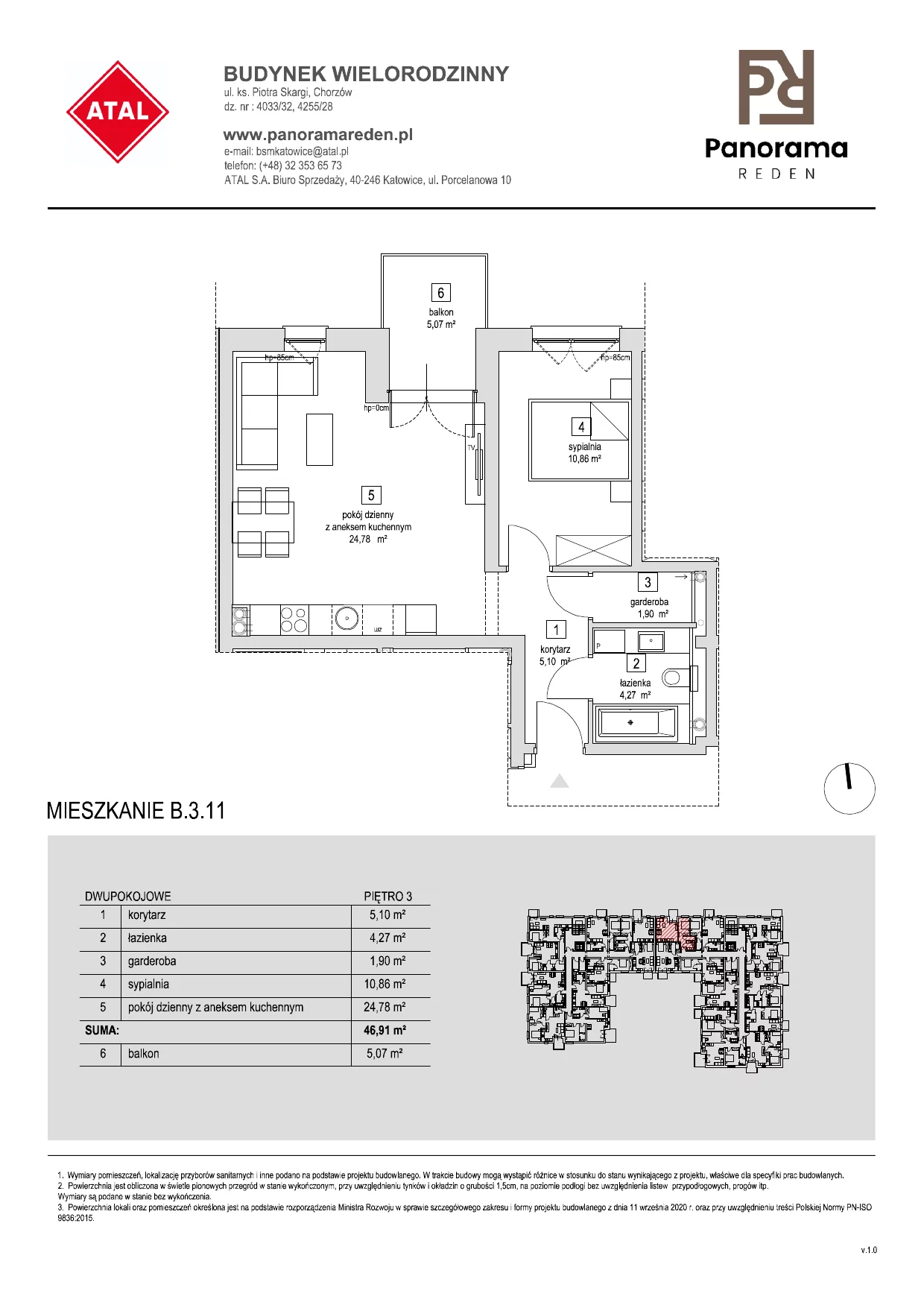 Mieszkanie 47,20 m², piętro 3, oferta nr B-3-M11, Panorama Reden, Chorzów, Centrum, Centrum, ul. Piotra Skargi